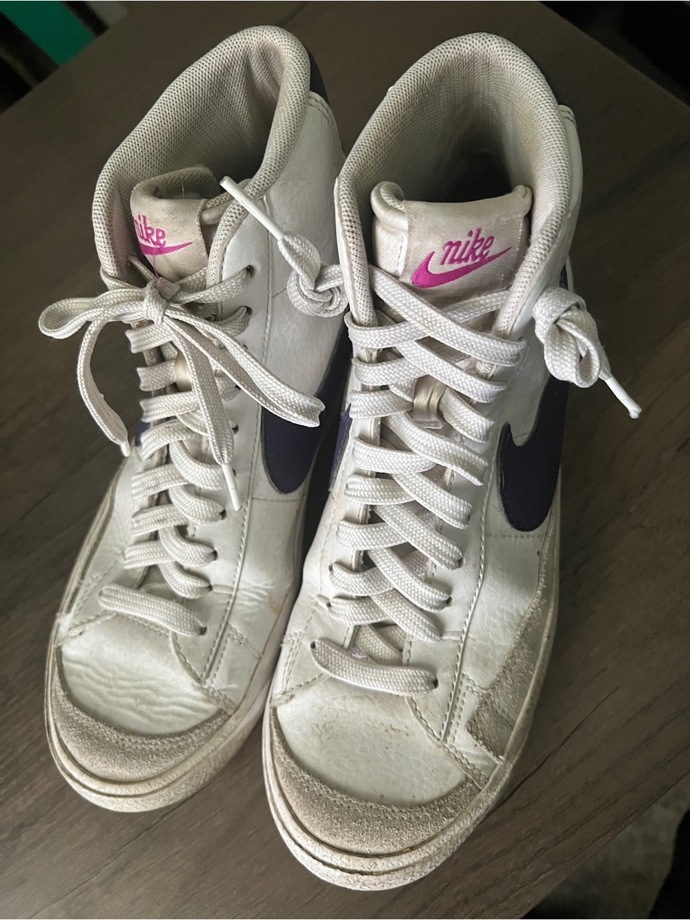 Nike Women's White High-Top Sneakers with Purple Swoosh and Pink Nike Script